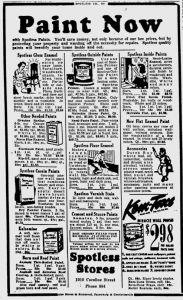 Spotless Stores apparently sold paints.  From the Fredericksburg Free Lance-Star, November 15, 1944.. 